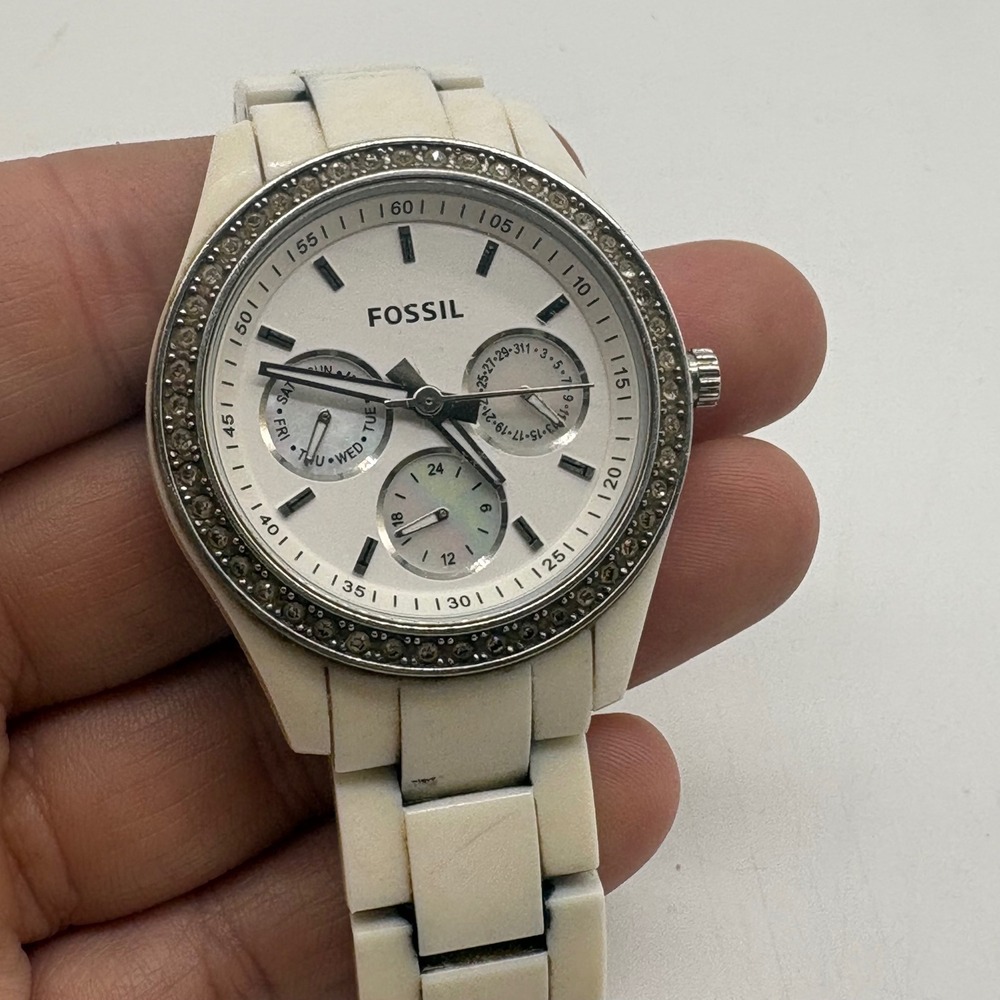Fossil Stella Womens Chronograph Watch White Plastic Crystal Bezel Needs Battery